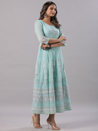Sky-Blue Cotton Dobby Printed Flared Maxi Dress