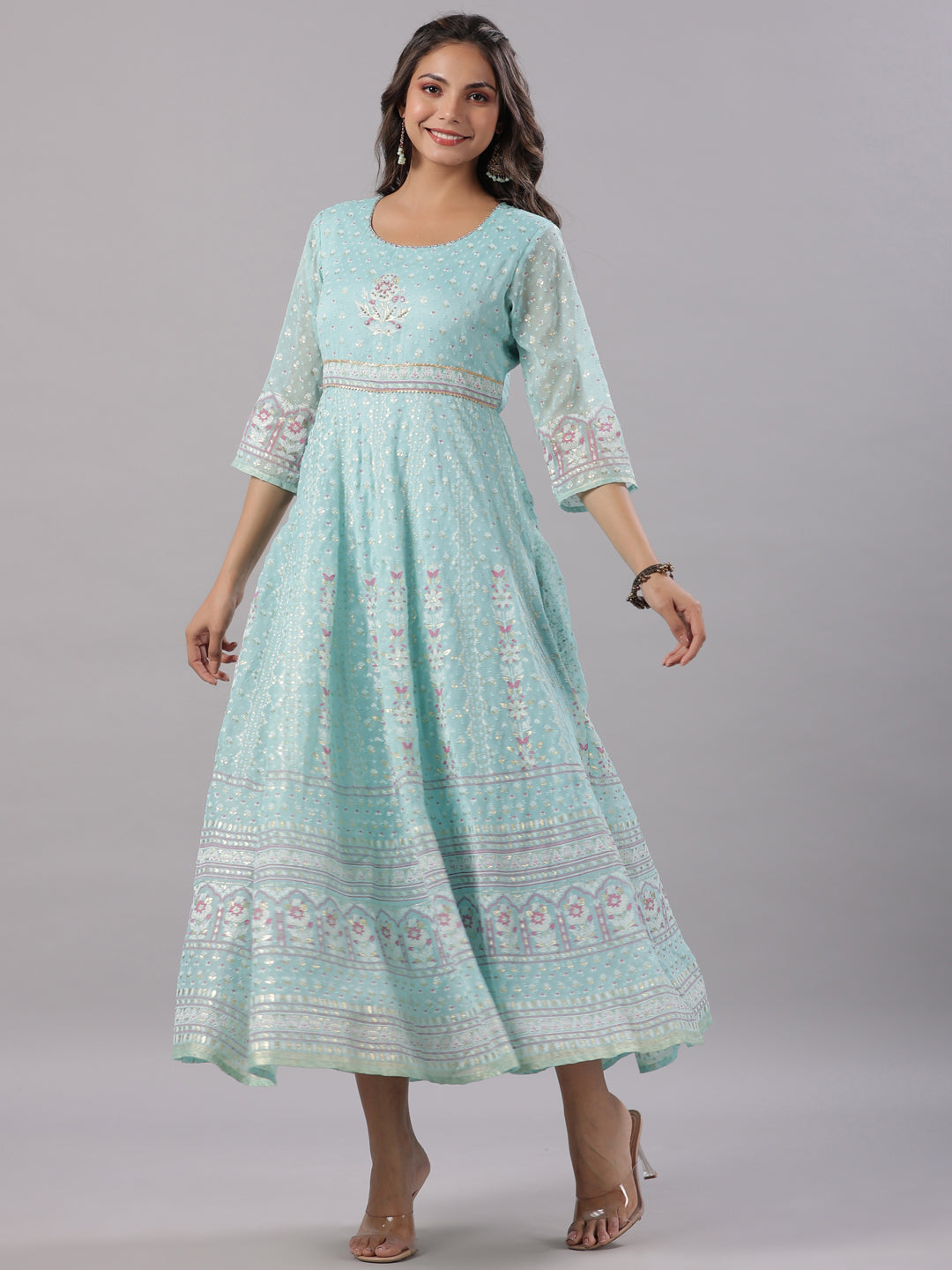Sky-Blue Cotton Dobby Printed Flared Maxi Dress