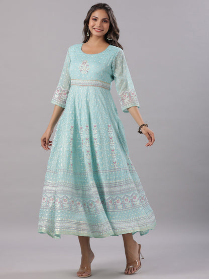 Sky-Blue Cotton Dobby Printed Flared Maxi Dress