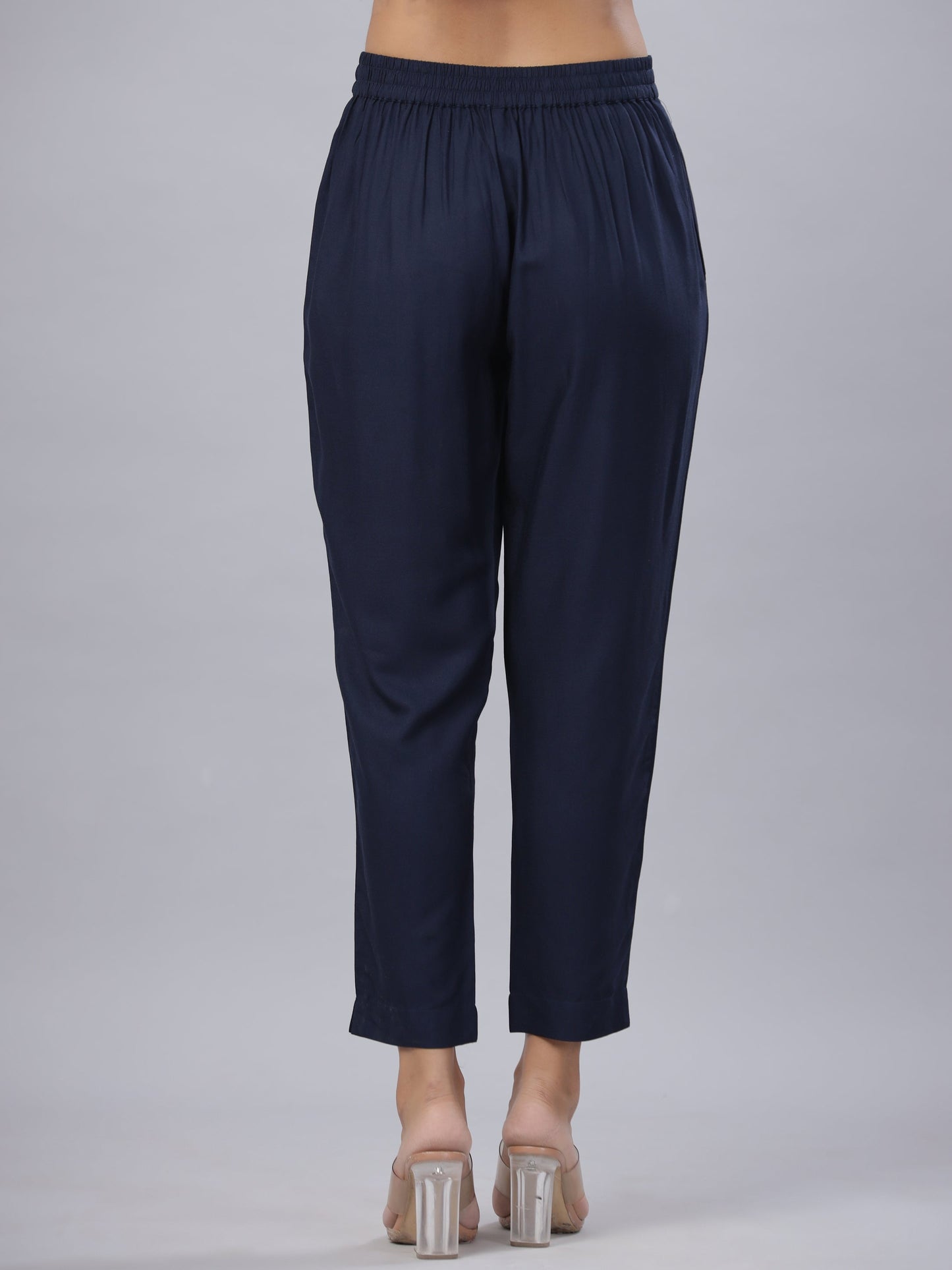 Navy Rayon Solid Straight Slim Pant