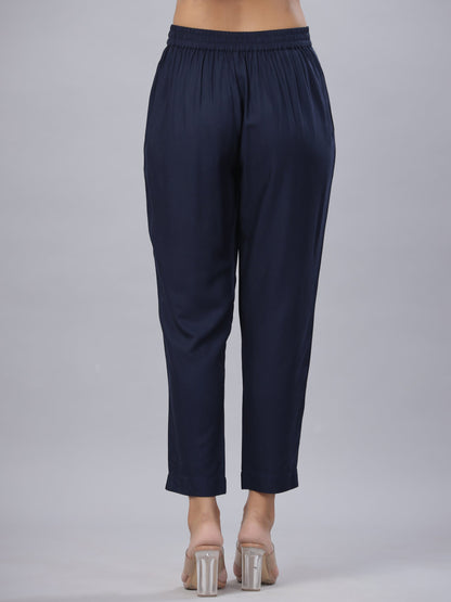 Navy Rayon Solid Straight Slim Pant