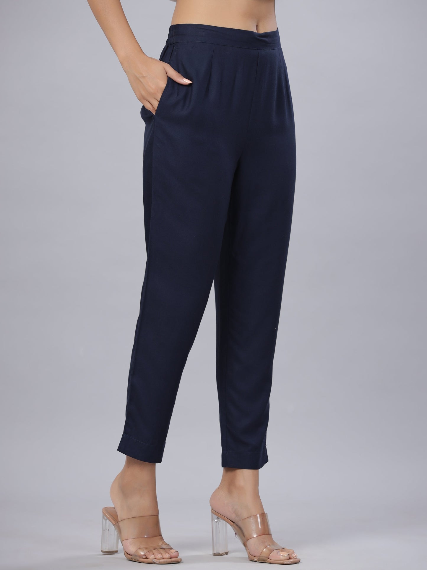 Navy Rayon Solid Straight Slim Pant