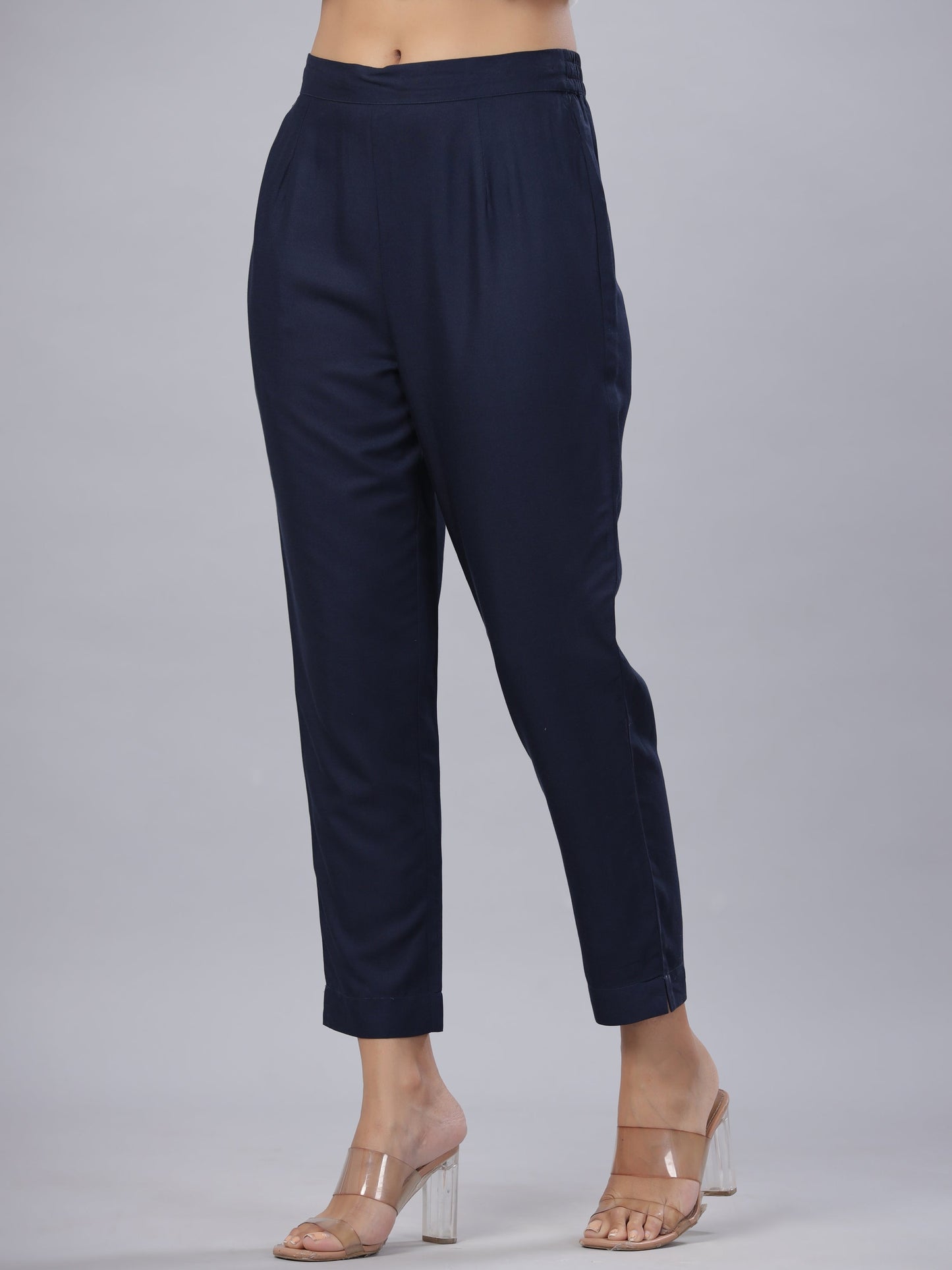 Navy Rayon Solid Straight Slim Pant
