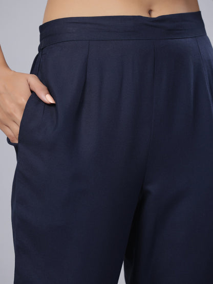 Navy Rayon Solid Straight Slim Pant