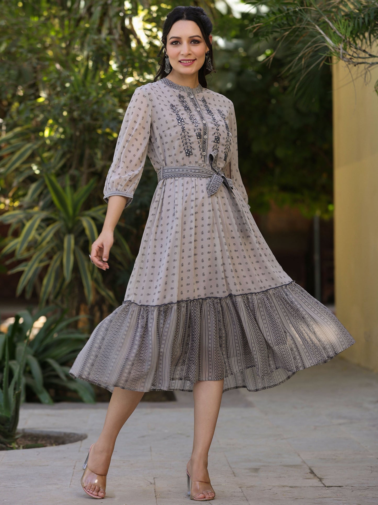 Beige  Printed Flared Dress