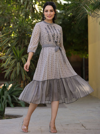 Beige  Printed Flared Dress
