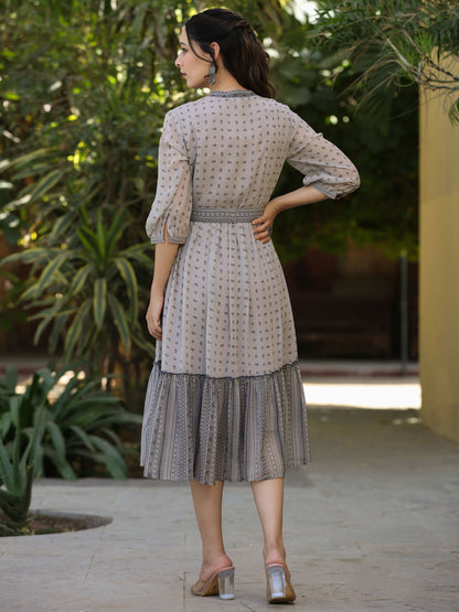 Beige  Printed Flared Dress