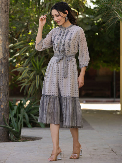 Beige  Printed Flared Dress