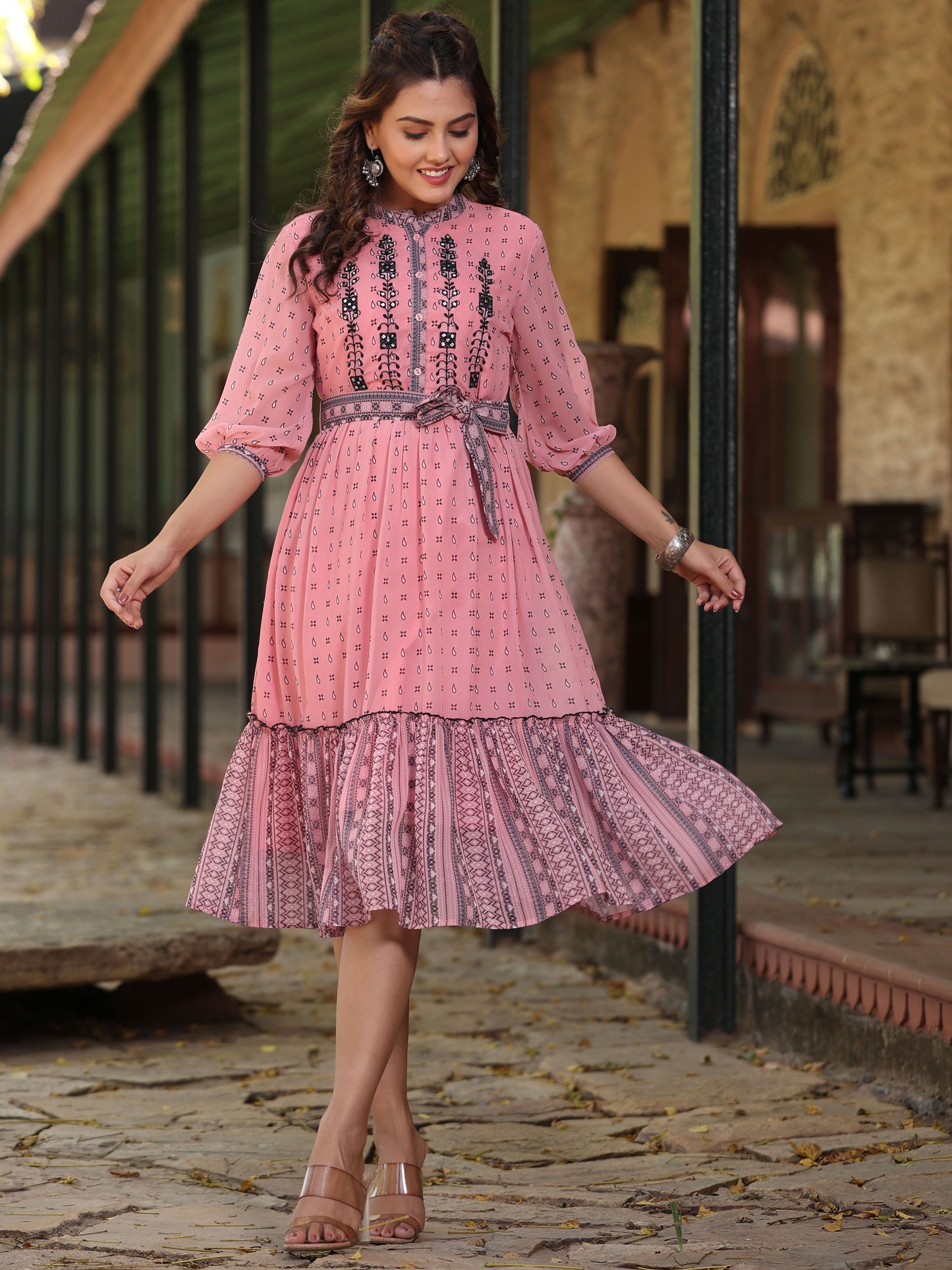 Pink  Georgette Printed Flared Dress