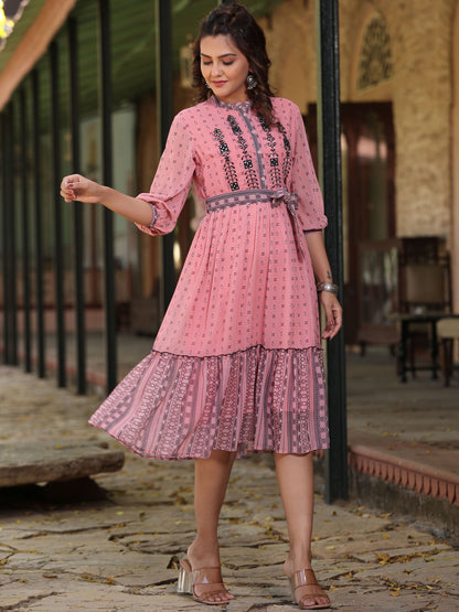 Pink  Georgette Printed Flared Dress