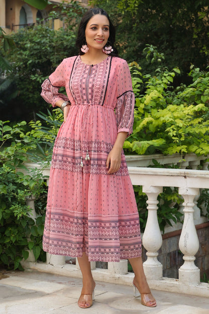 Pink  Printed Tiered Dress