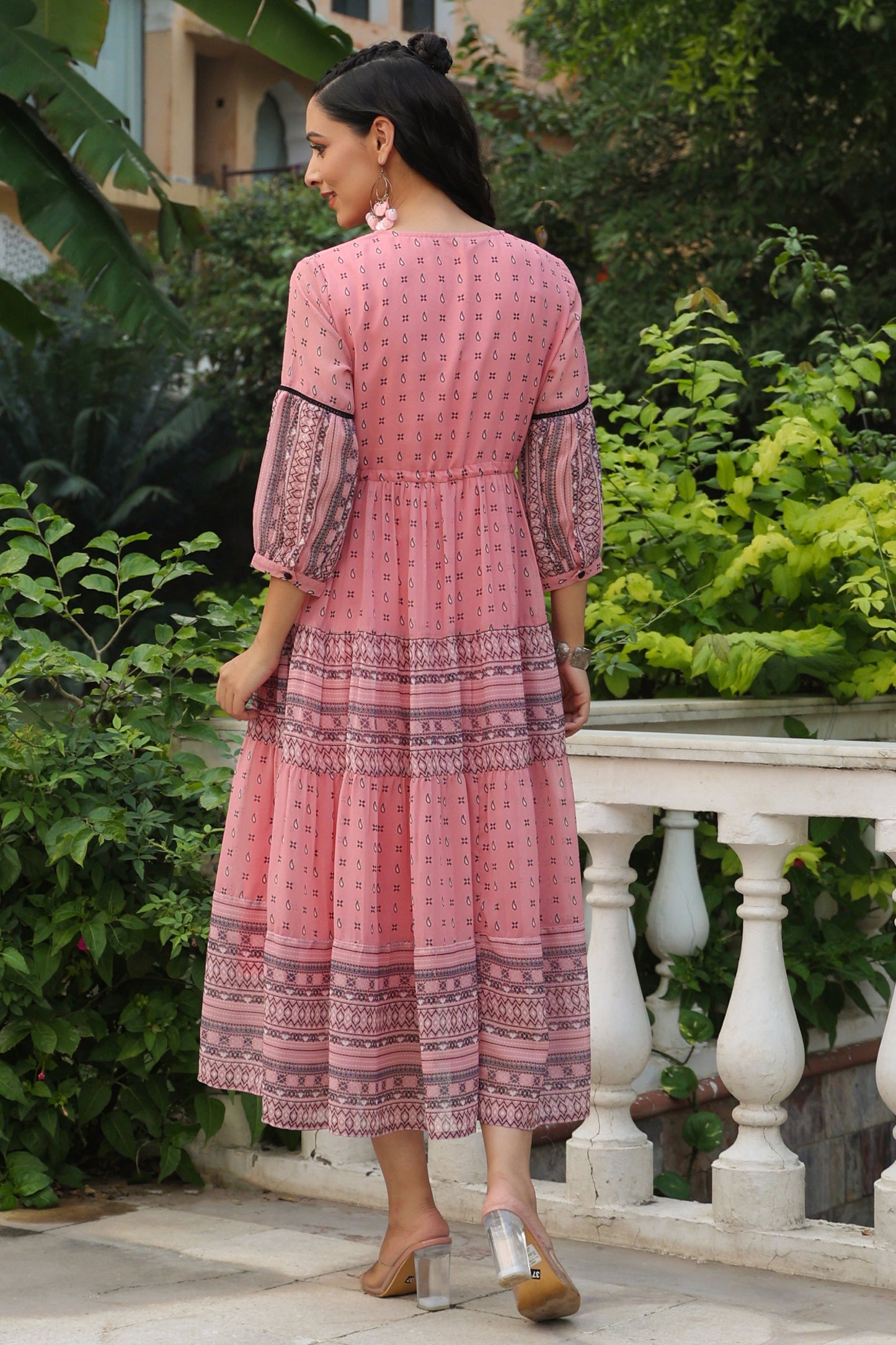Pink  Printed Tiered Dress