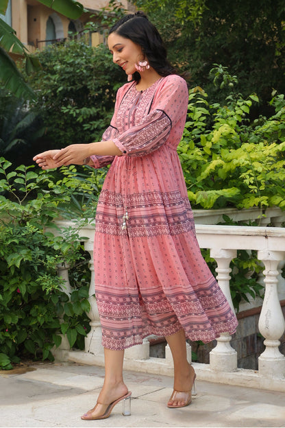 Pink  Printed Tiered Dress