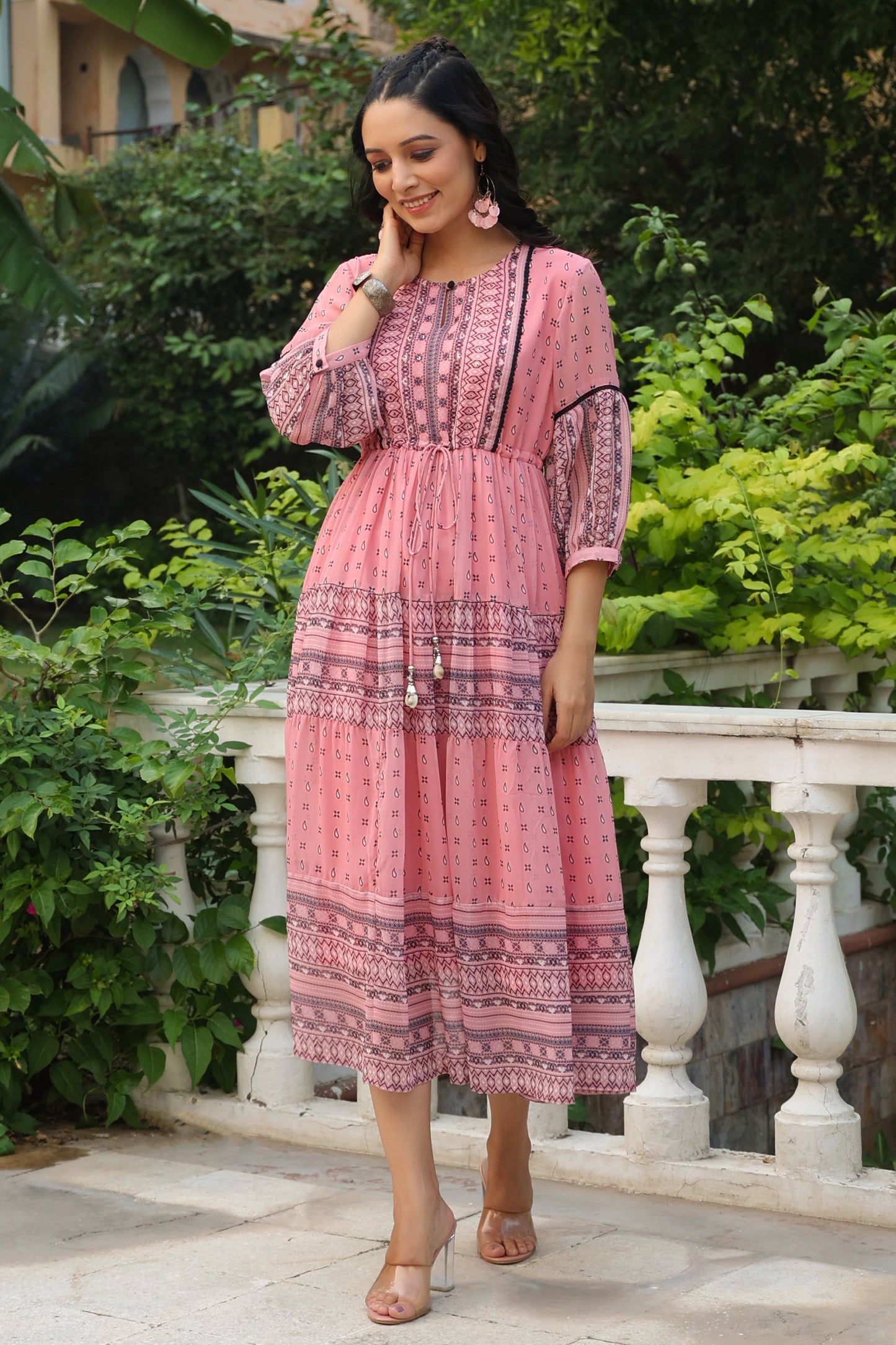 Pink  Printed Tiered Dress