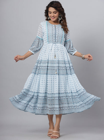 Skyblue  Georgette Printed Flared Dress