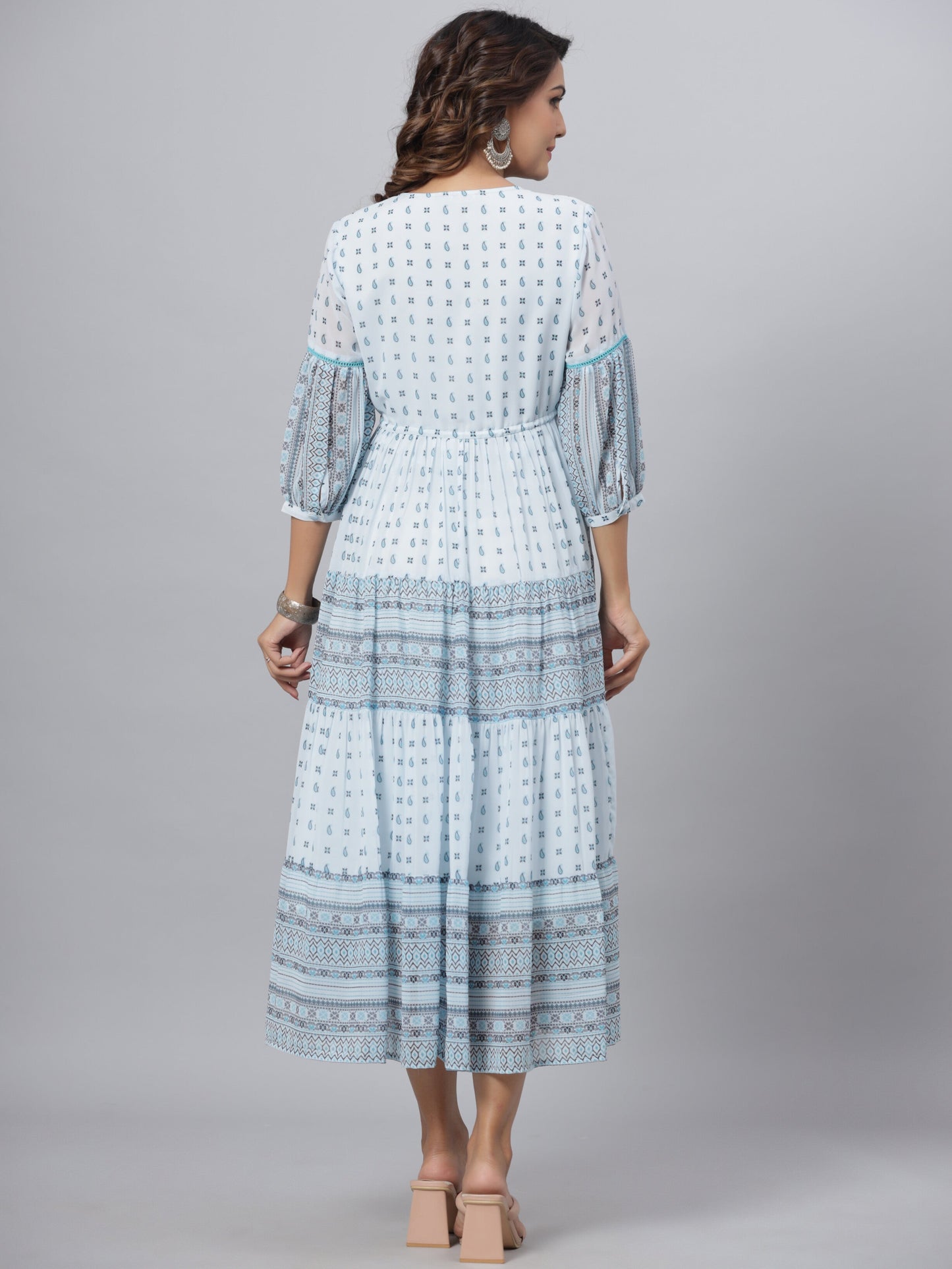 Skyblue  Georgette Printed Flared Dress