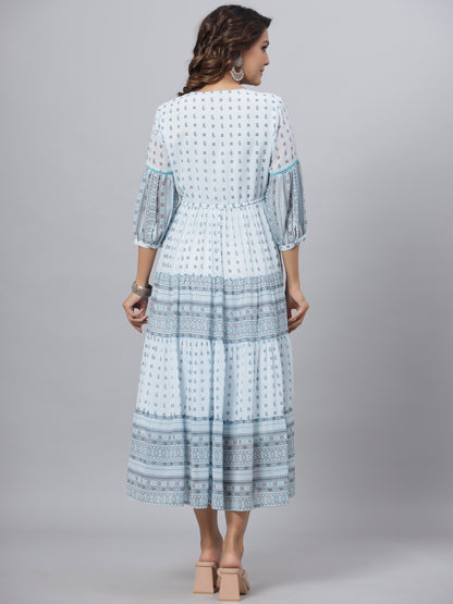 Skyblue  Georgette Printed Flared Dress