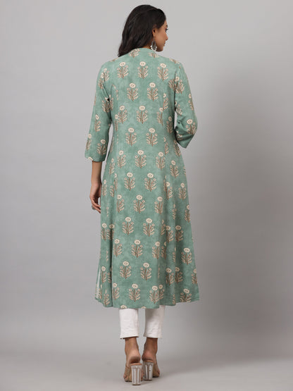 Green  Printed A-Line Kurta