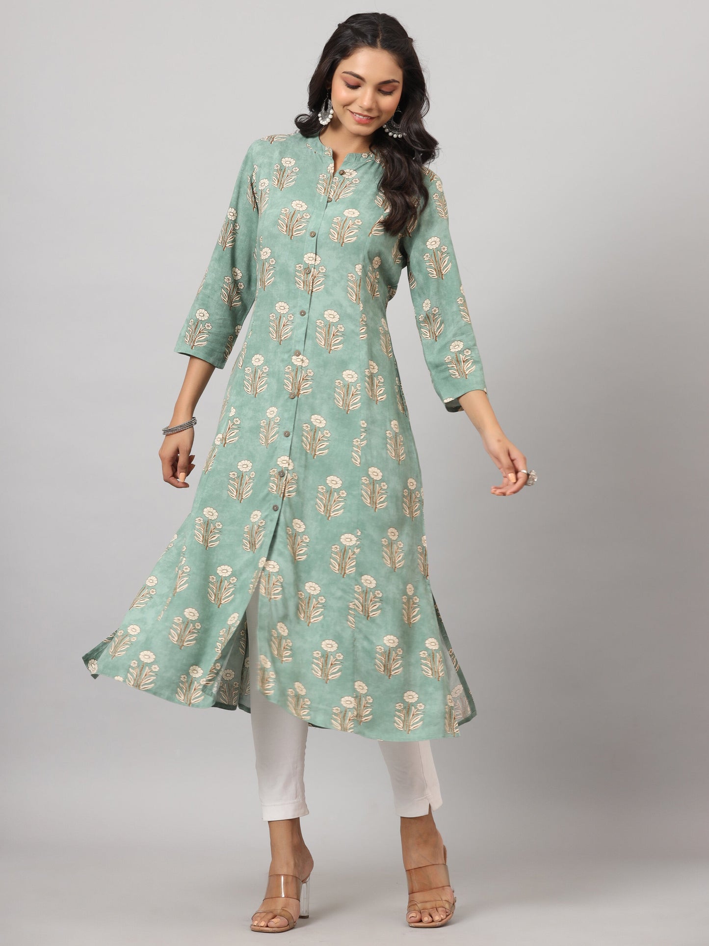 Green  Printed A-Line Kurta