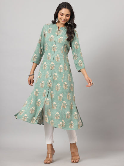 Green  Printed A-Line Kurta