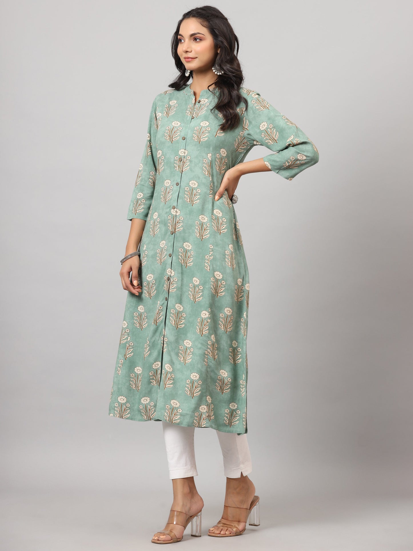 Green  Printed A-Line Kurta