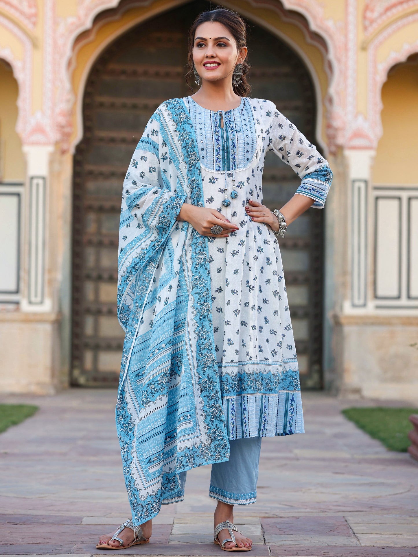 White Cotton Voile Floral Printed Kurta With Cambric Straight Pant And Voile Dupatta