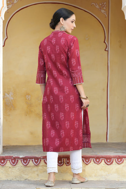Marron Cotton Cambric Floral Printed Straight Kurta