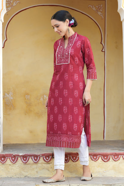Marron Cotton Cambric Floral Printed Straight Kurta