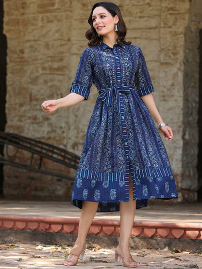 Navy  Printed A-Line Dress