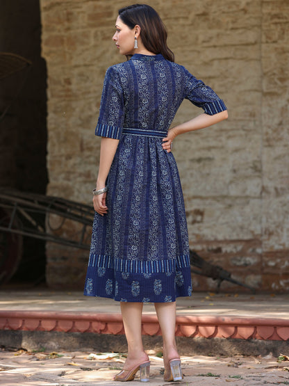 Navy  Printed A-Line Dress