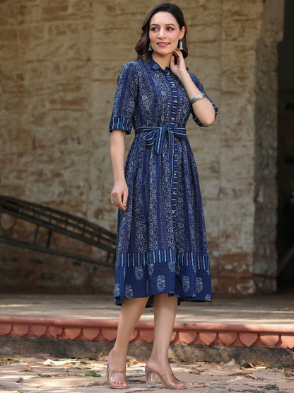 Navy  Printed A-Line Dress