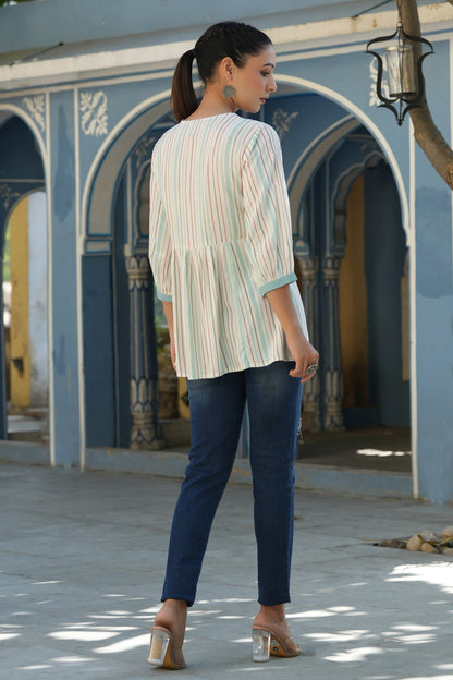 Ivory Rayon Staple Striped Printed Peplum Tunic