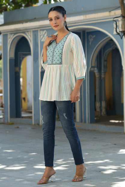 Ivory Rayon Staple Striped Printed Peplum Tunic