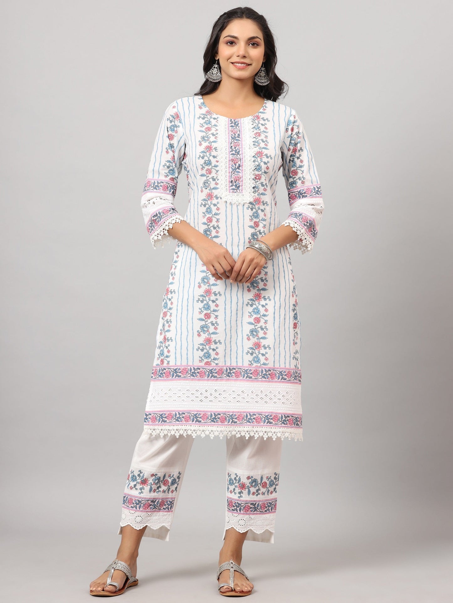 Off-White  Cambric Printed Straight Kurta Sets