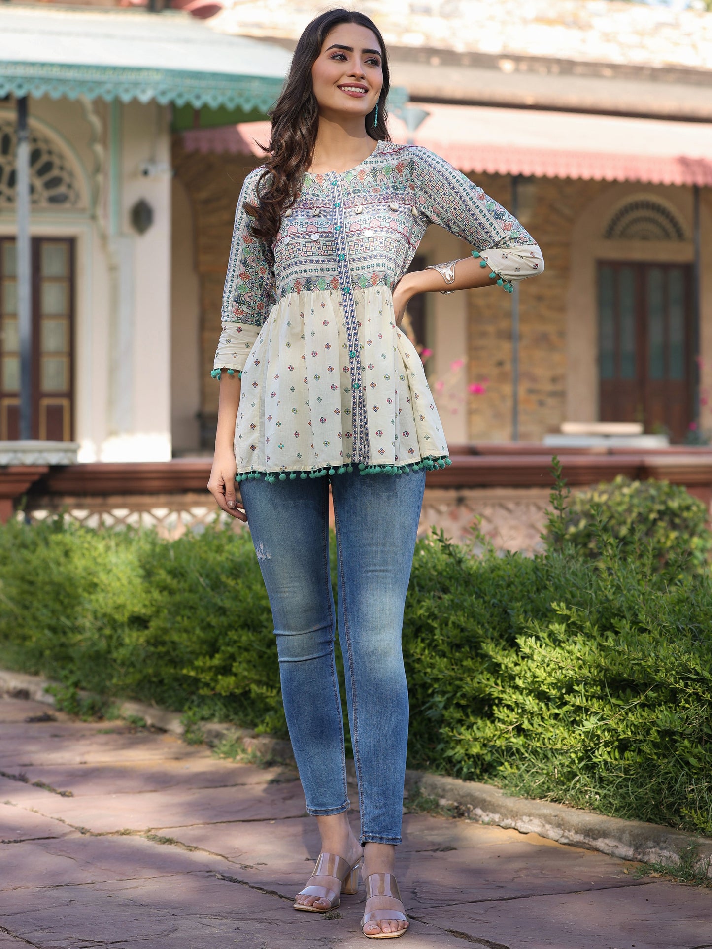 Ivory Cotton Cambric Tribal Printed Peplum Tunic