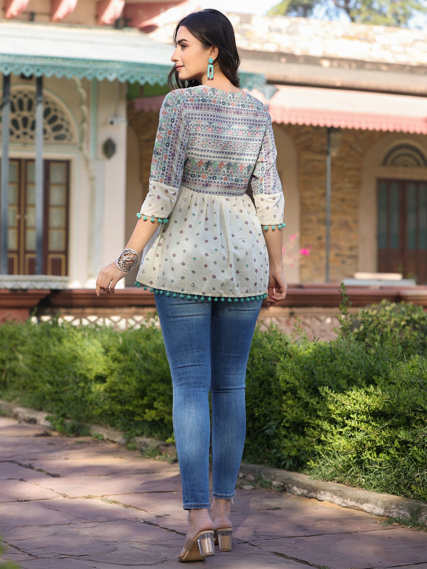 Ivory Cotton Cambric Tribal Printed Peplum Tunic