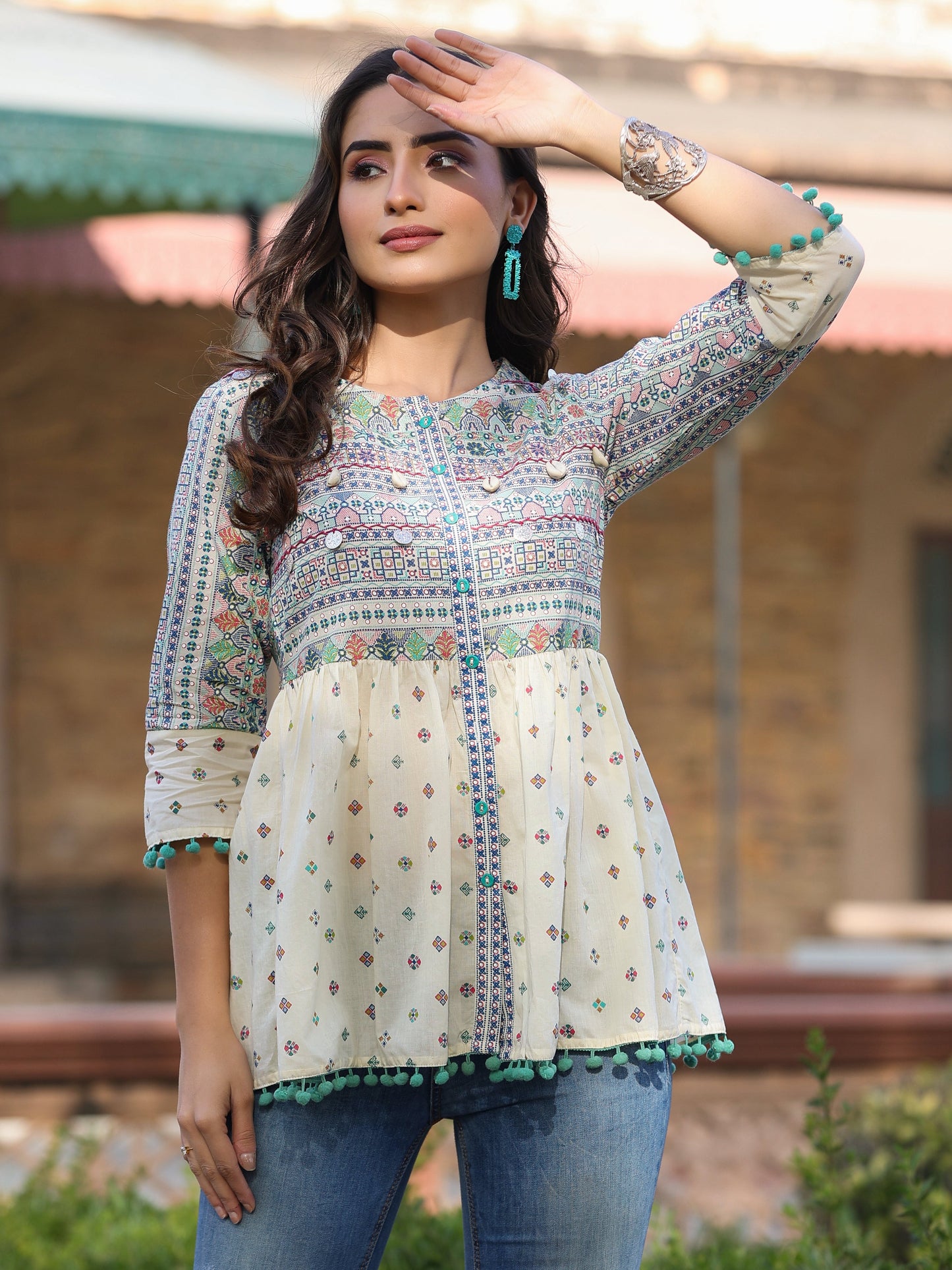 Ivory Cotton Cambric Tribal Printed Peplum Tunic