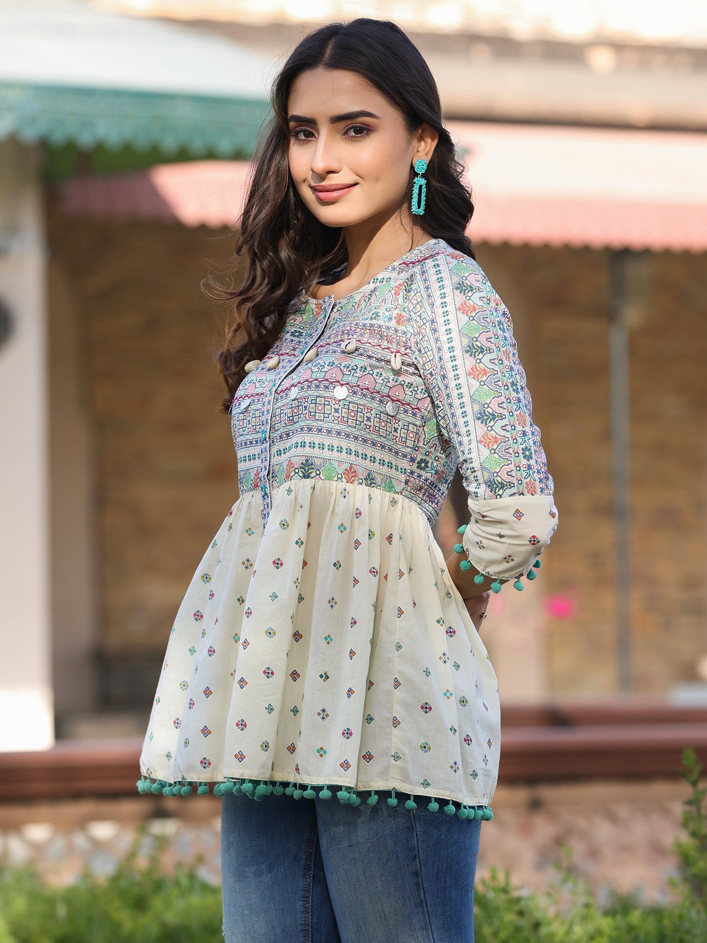 Ivory Cotton Cambric Tribal Printed Peplum Tunic