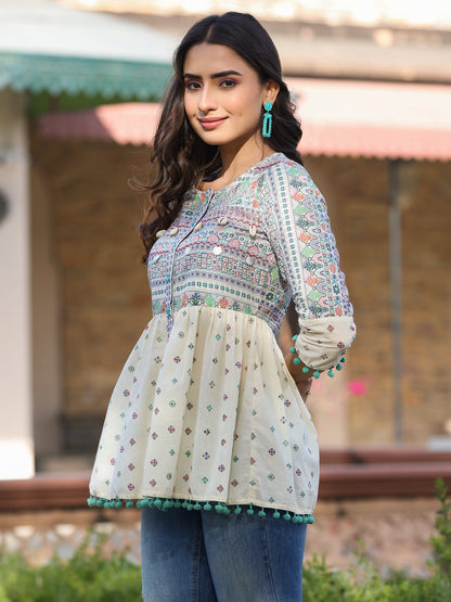 Ivory Cotton Cambric Tribal Printed Peplum Tunic