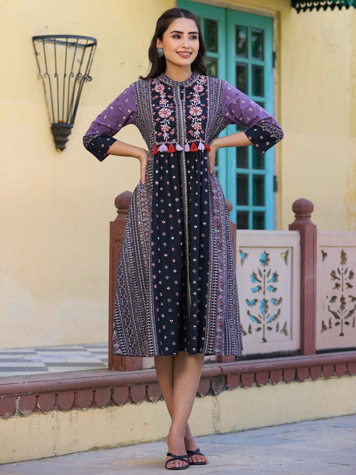 Lavender  Printed Embroidery Flared Dress