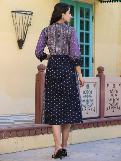 Lavender  Printed Embroidery Flared Dress