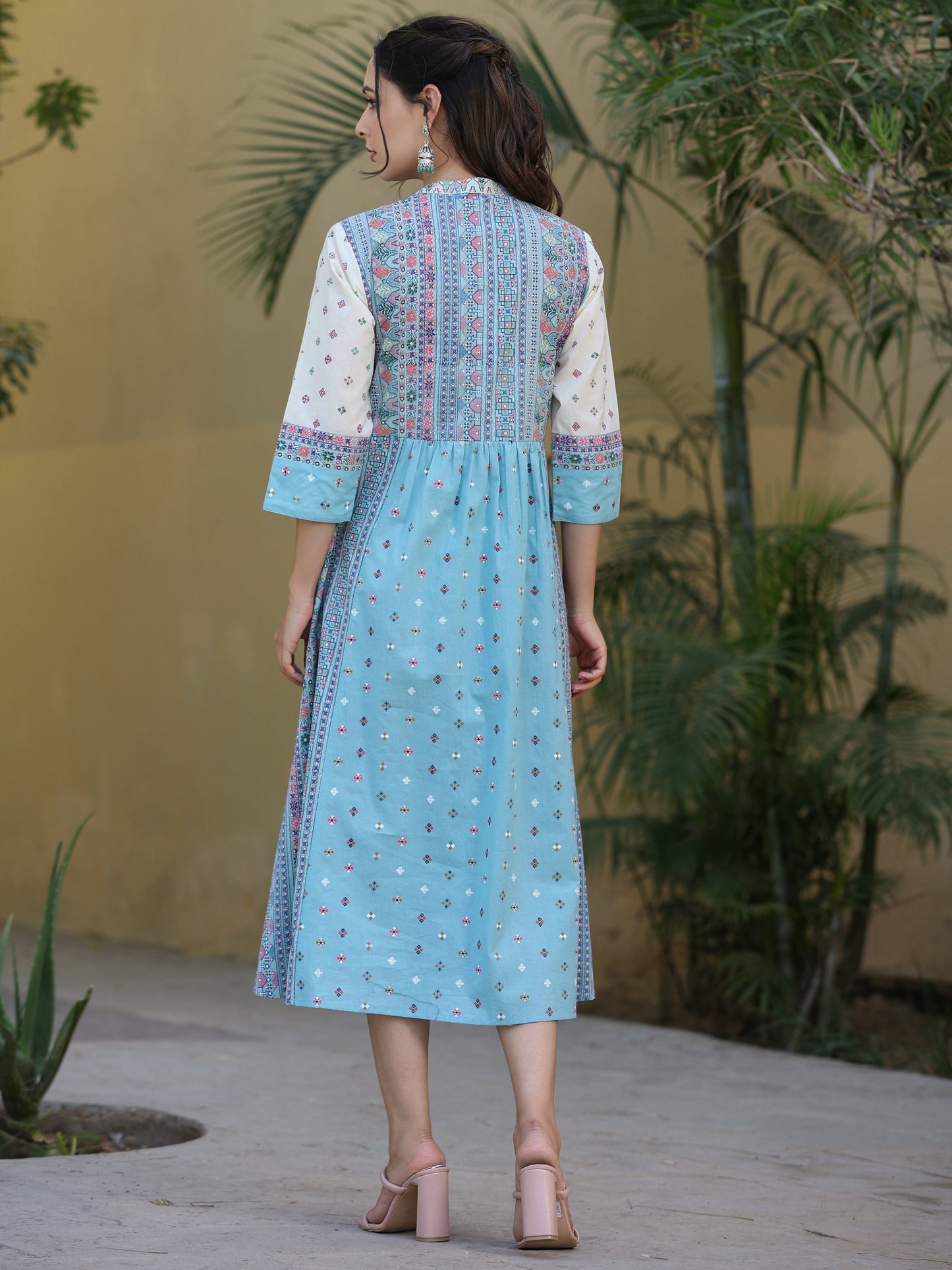 Skyblue Cambric Printed Flared Dress