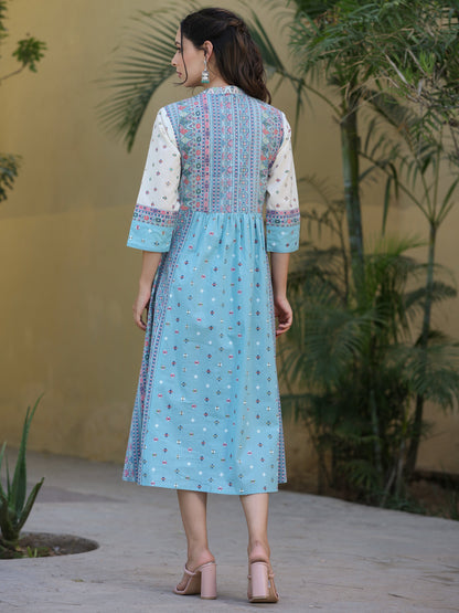 Skyblue Cambric Printed Flared Dress