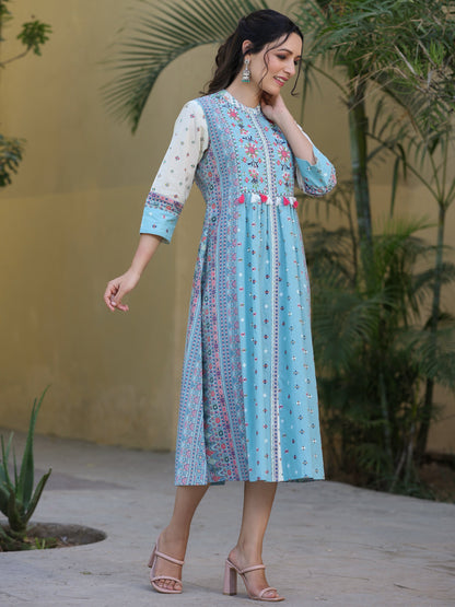 Skyblue Cambric Printed Flared Dress