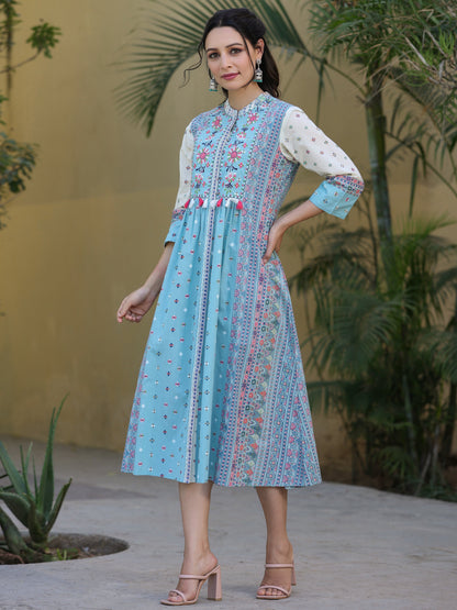 Skyblue Cambric Printed Flared Dress