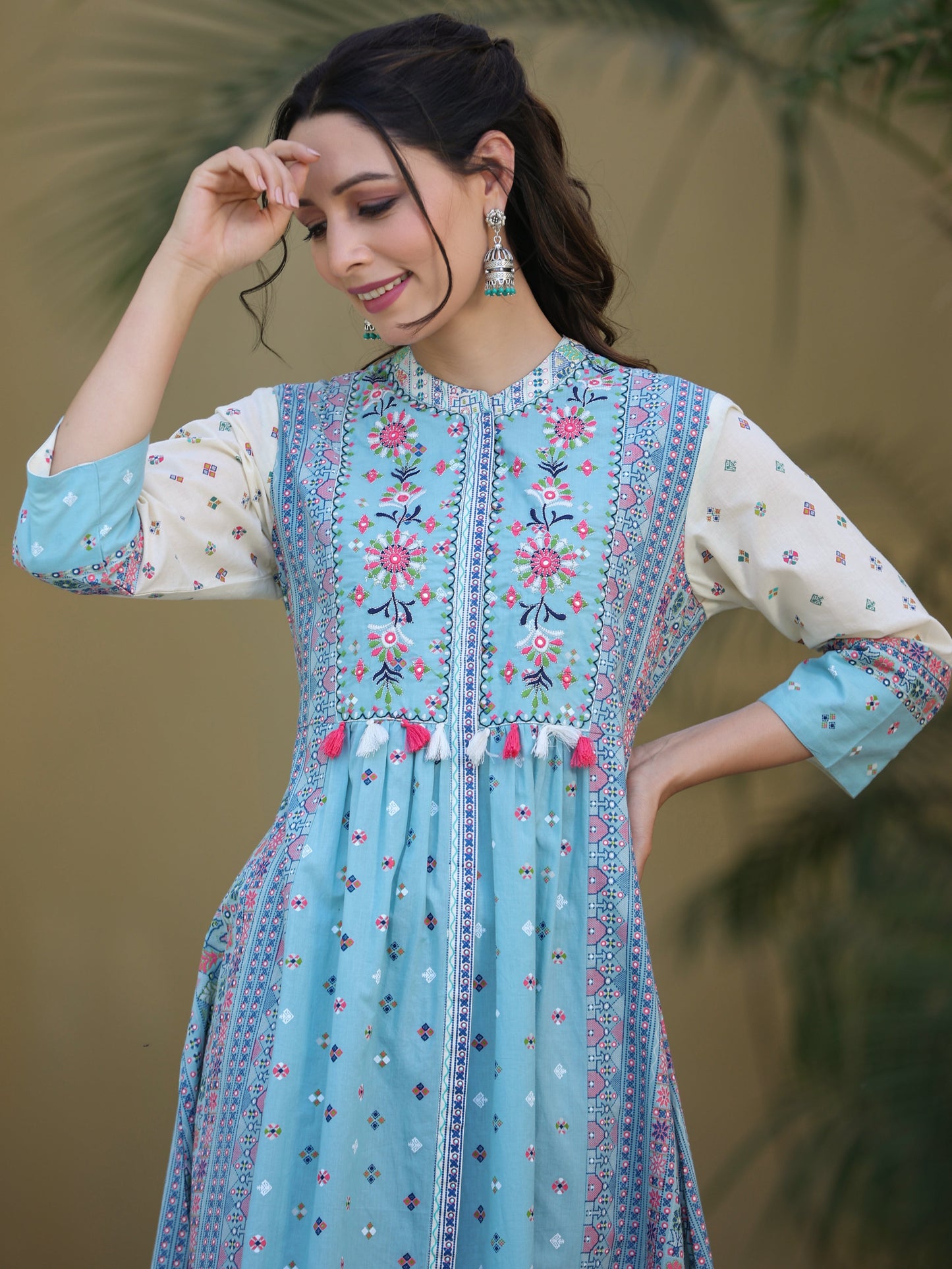 Skyblue Cambric Printed Flared Dress