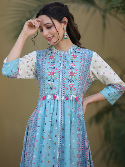 Skyblue Cambric Printed Flared Dress