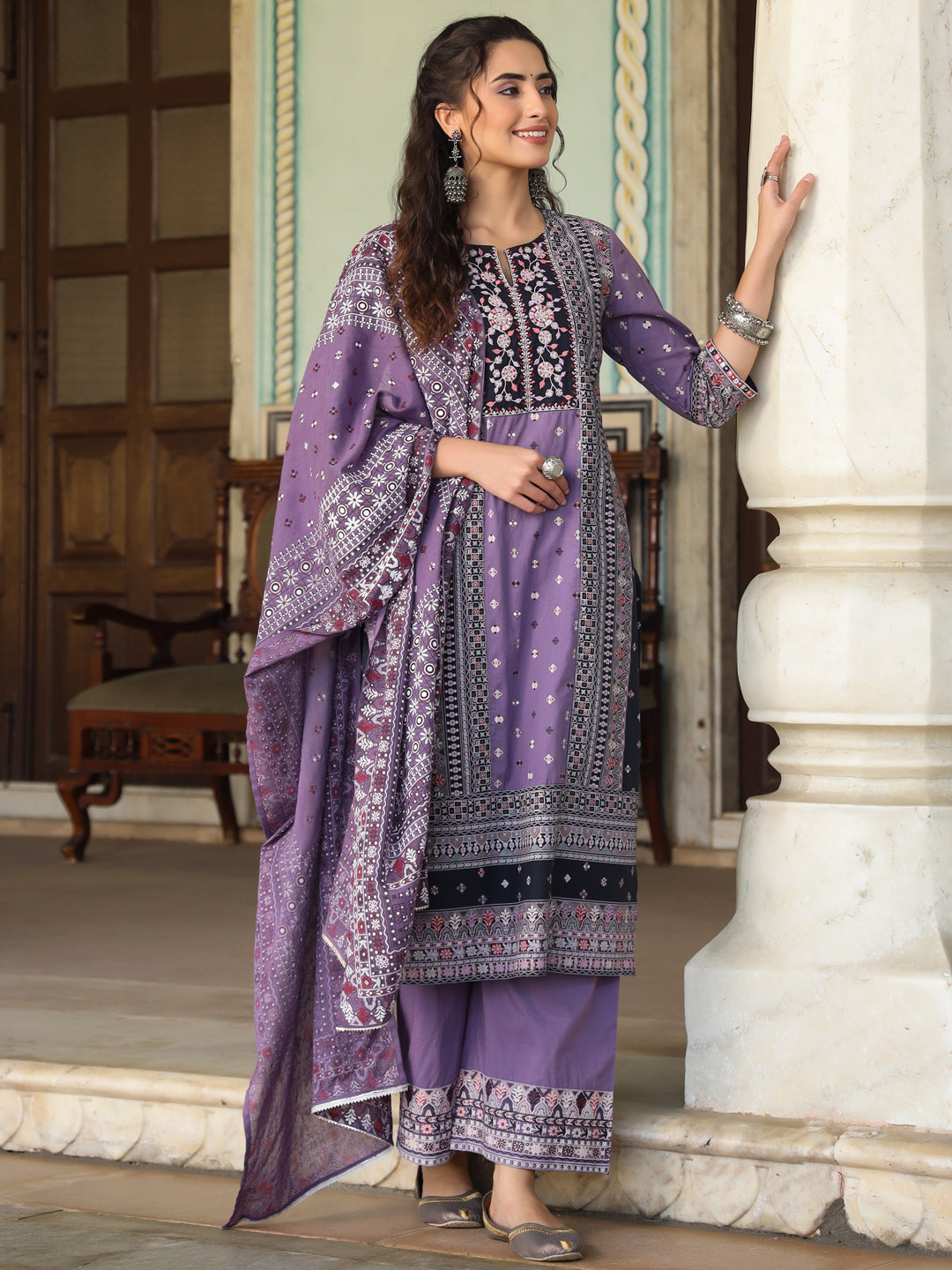 Lavender Cambric Geometric Printed Mix And Match Kurta Palazzo And Dupatta Set