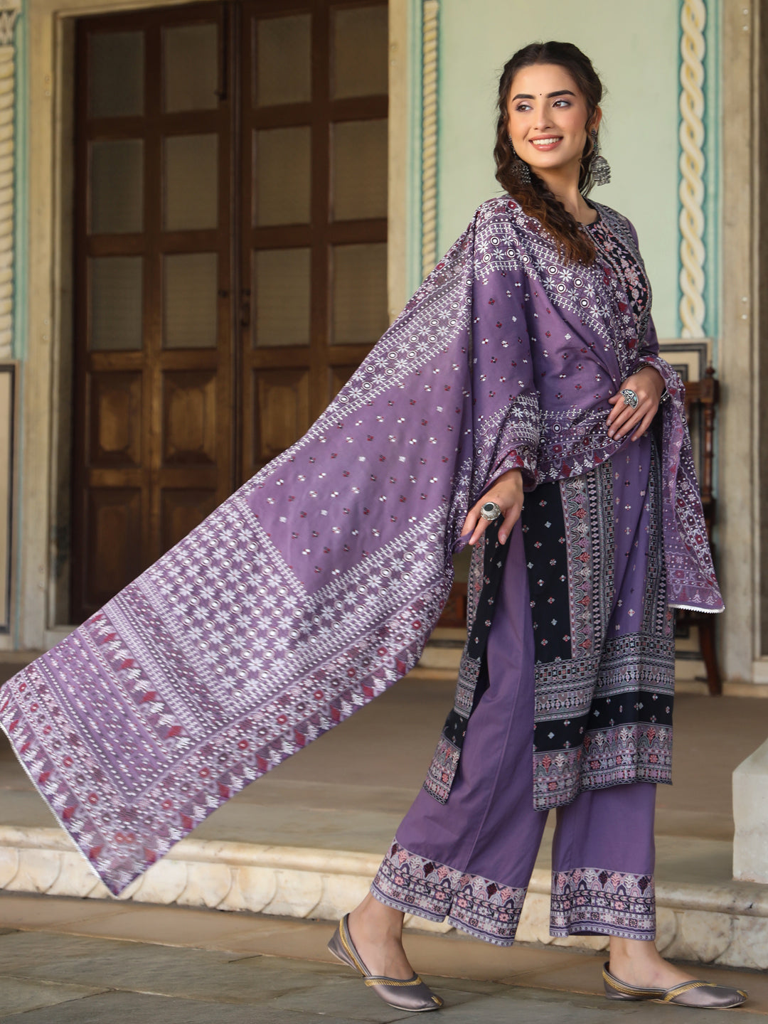 Lavender Cambric Geometric Printed Mix And Match Kurta Palazzo And Dupatta Set