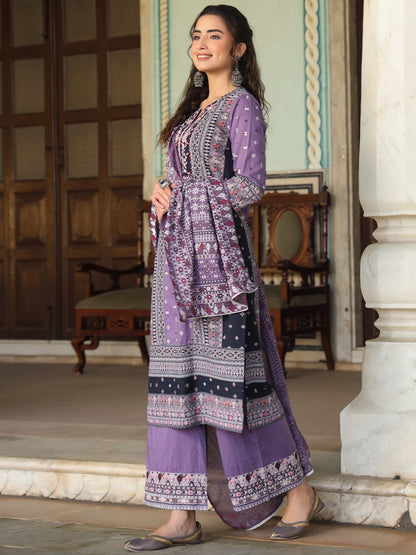 Lavender Cambric Geometric Printed Mix And Match Kurta Palazzo And Dupatta Set